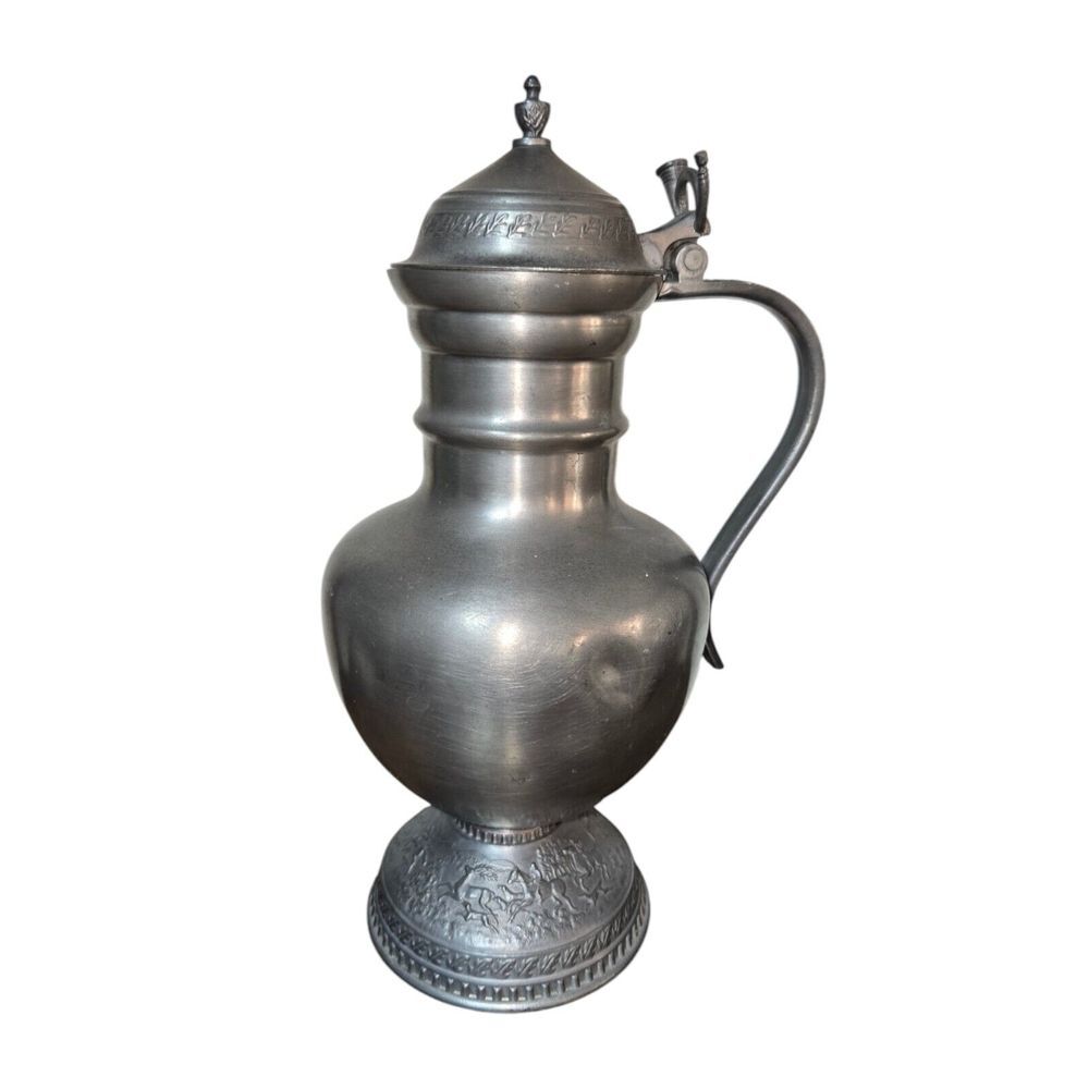 Antique Pewter Lidded Wine‎ Jug Horn Accent 11"